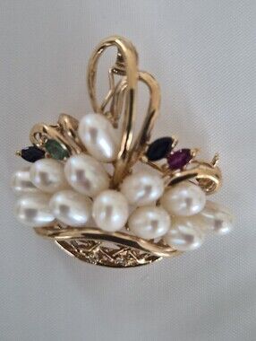 14k Gold W/Pearl Basket Brooch with Multi-Colored  Gem Stones & Diamonds